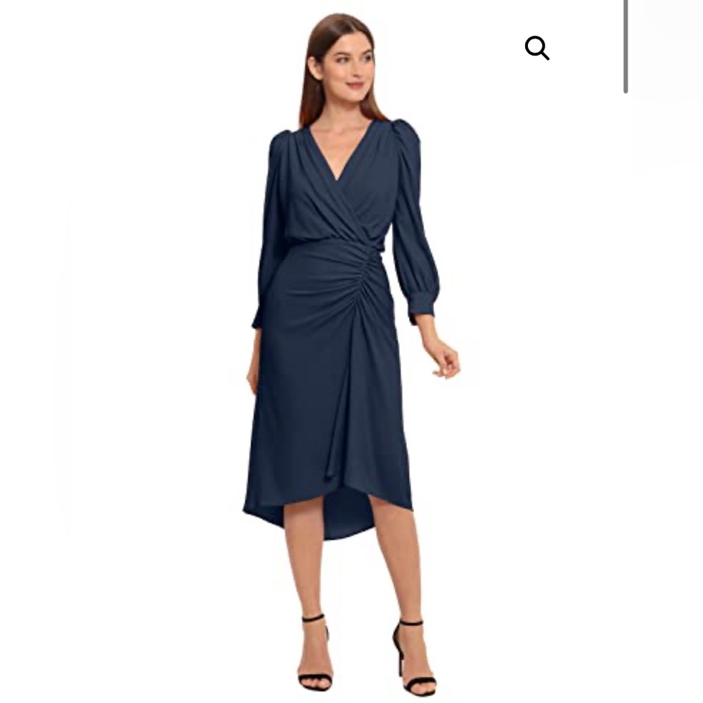 Maggy London Navy Long Sleeve Surplice Wrap Dress Midi Length Size 0